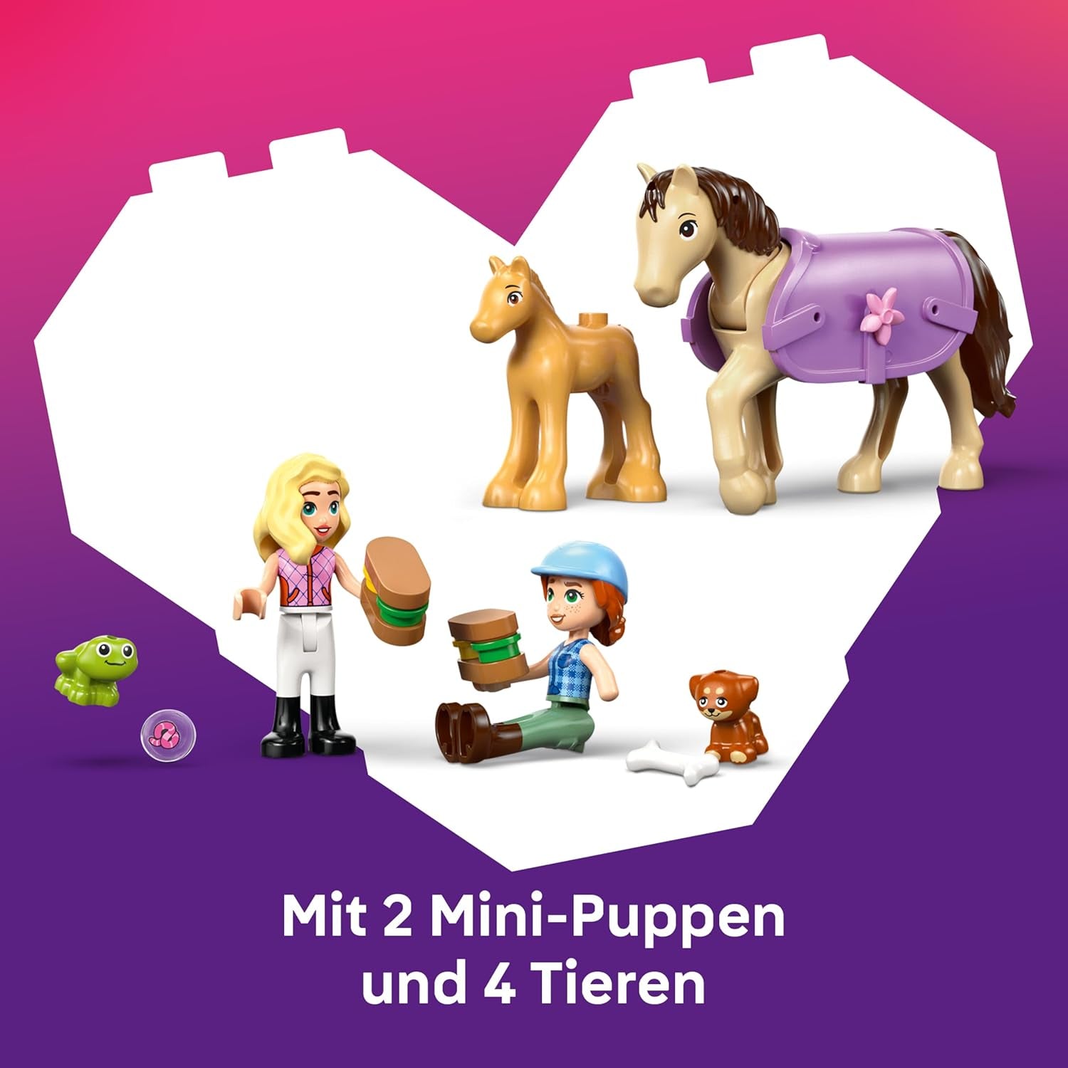 LEGO Friends Pferd and Fohlen mit Pferdeanhänger - Pferde Spielset mit Pflegezubehör, 4 Tierfiguren, Auto & 2 Mini Puppen - Geschenkeidee zum Geburtstag für Mädchen ab 7 Jahren - 42695