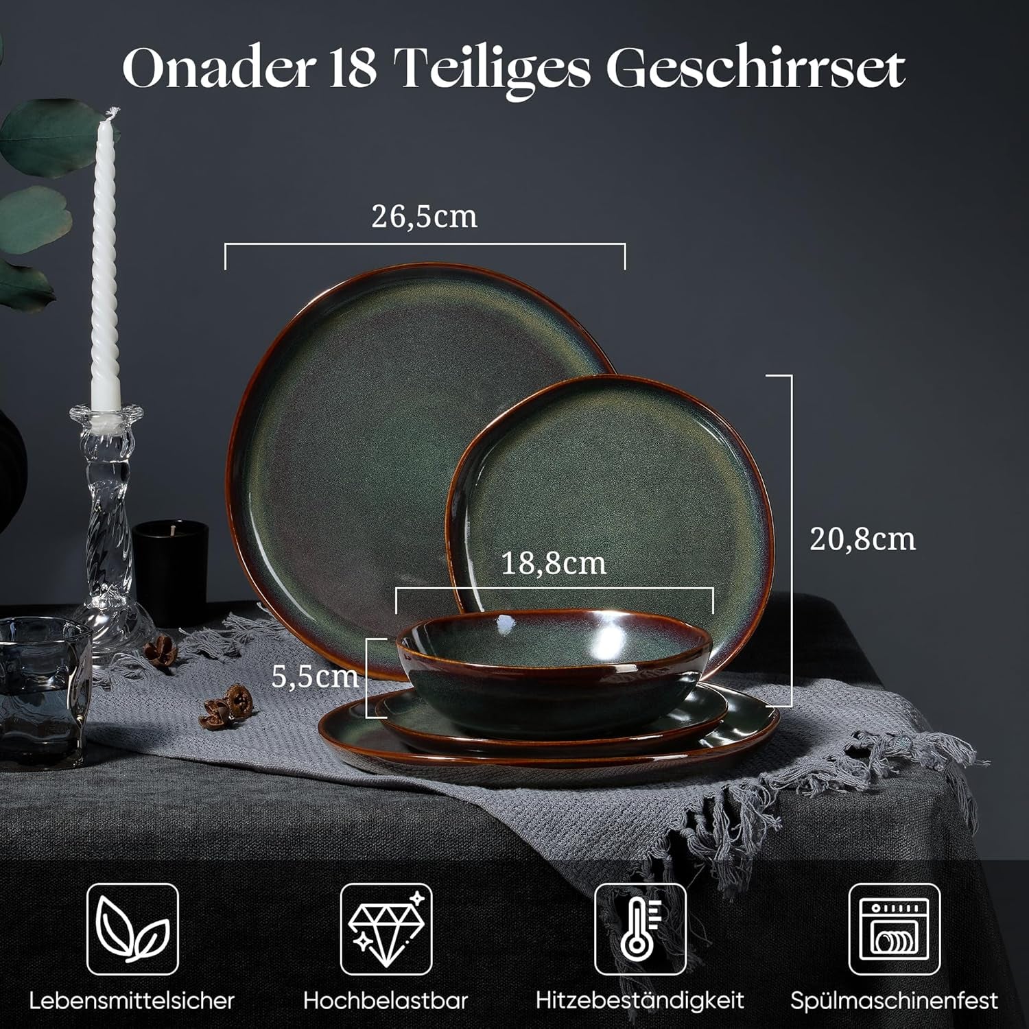 Service de table pour 6 personnes, 18 pièces, bols à céréales ronds irréguliers, assiettes à dessert, assiettes plates, résistant aux rayures, passe au micro-ondes, vert mousse réactif