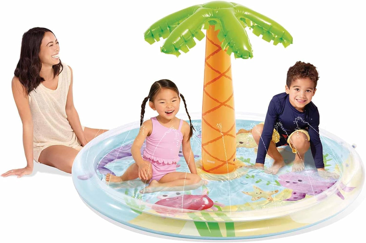 Piscine gonflable pour enfants Intex avec jet de paume, Ø 173 x 104 cm, avec pulvérisateur d'eau, raccord de tuyau, capacité 166 L, design tropical, vinyle résistant, pour enfants à partir de 2 ans (56433)