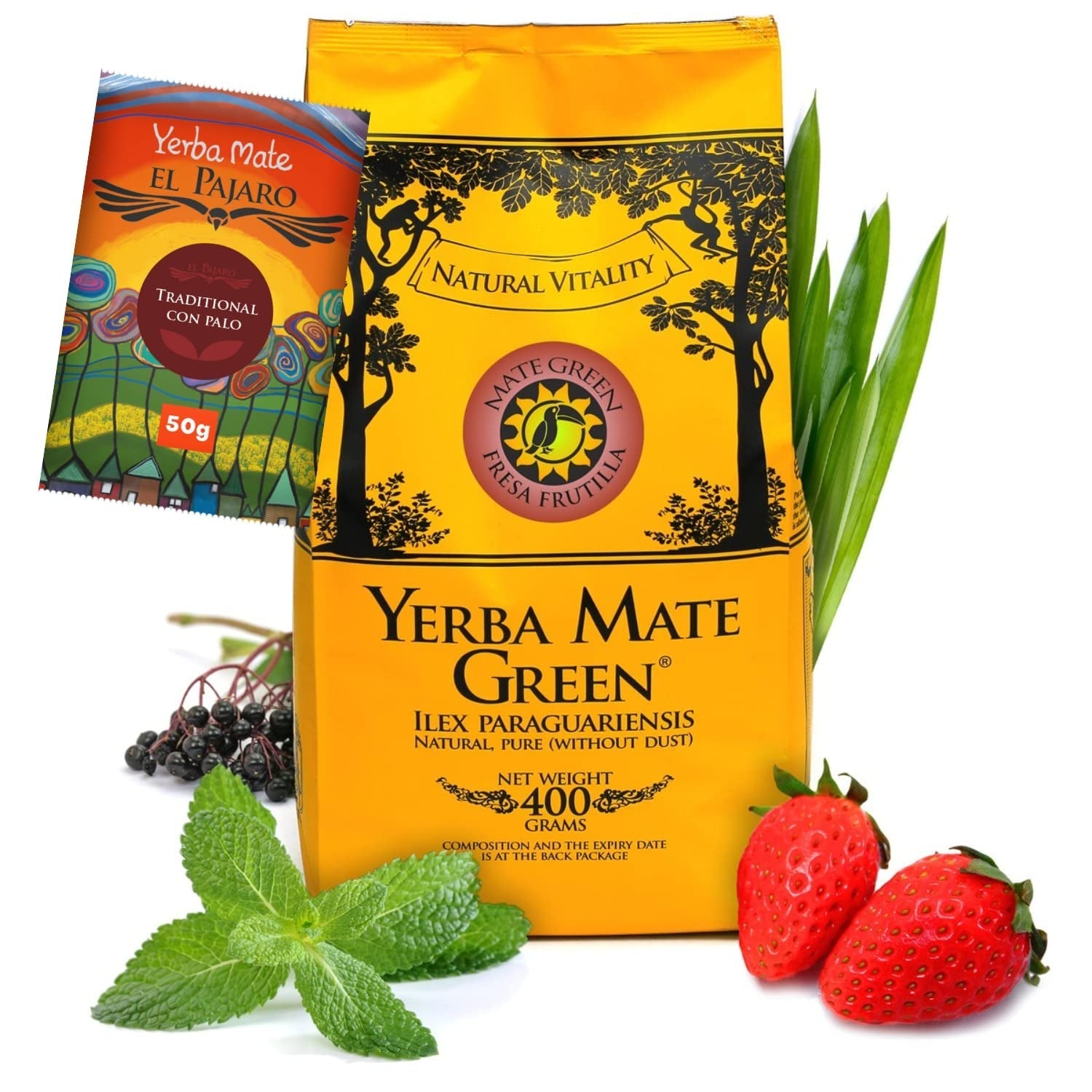 Yerba  „Fresa Frutilla” 400 g | Ceai argentinian de mate cu fructe de căpșuni, mentă, lemongrass și fructe de soc | Ingrediente naturale | Frunze verzi de mate | 50 g El Pajaro