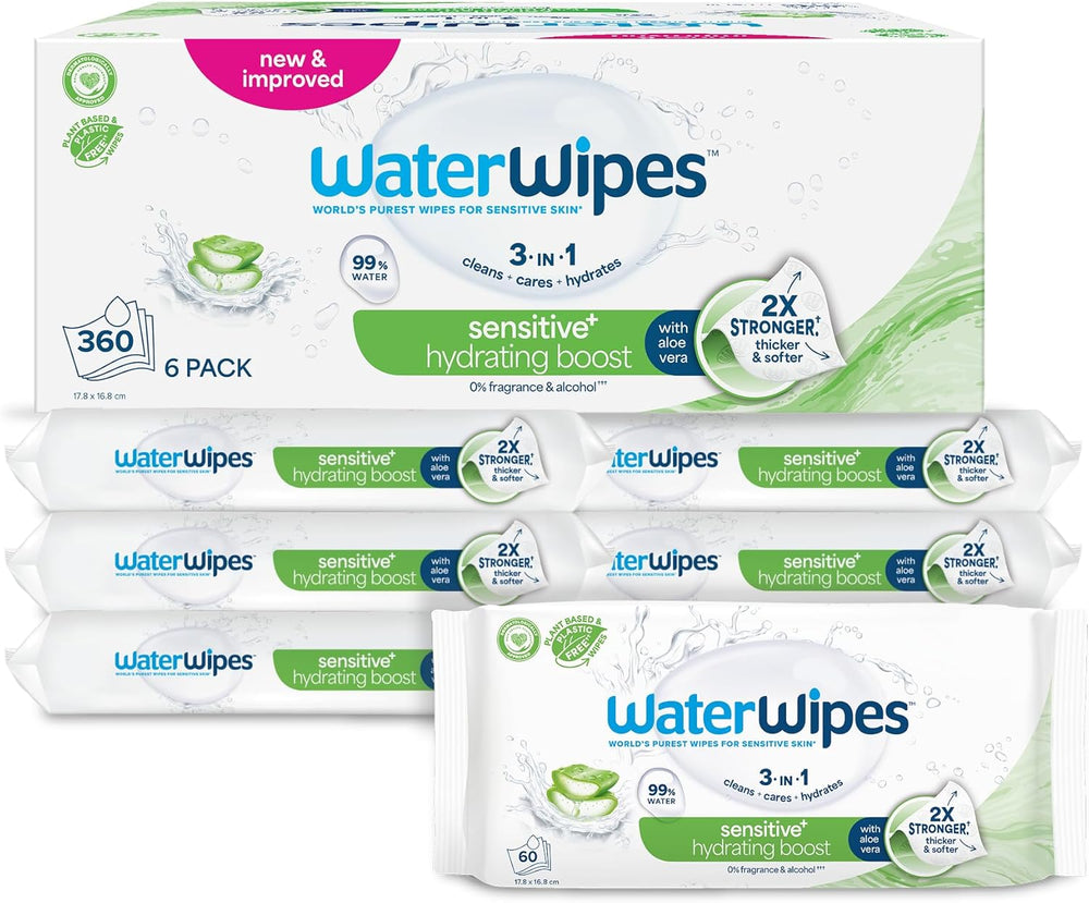 Lingettes humides WaterWipes Sensitive+ Hydrating Boost, lingettes hydratantes, 360 pièces (paquet de 6), nettoyage 3 en 1, soin, hydratation, 99 % d'eau d'aloe vera, lingettes pour bébé non parfumées