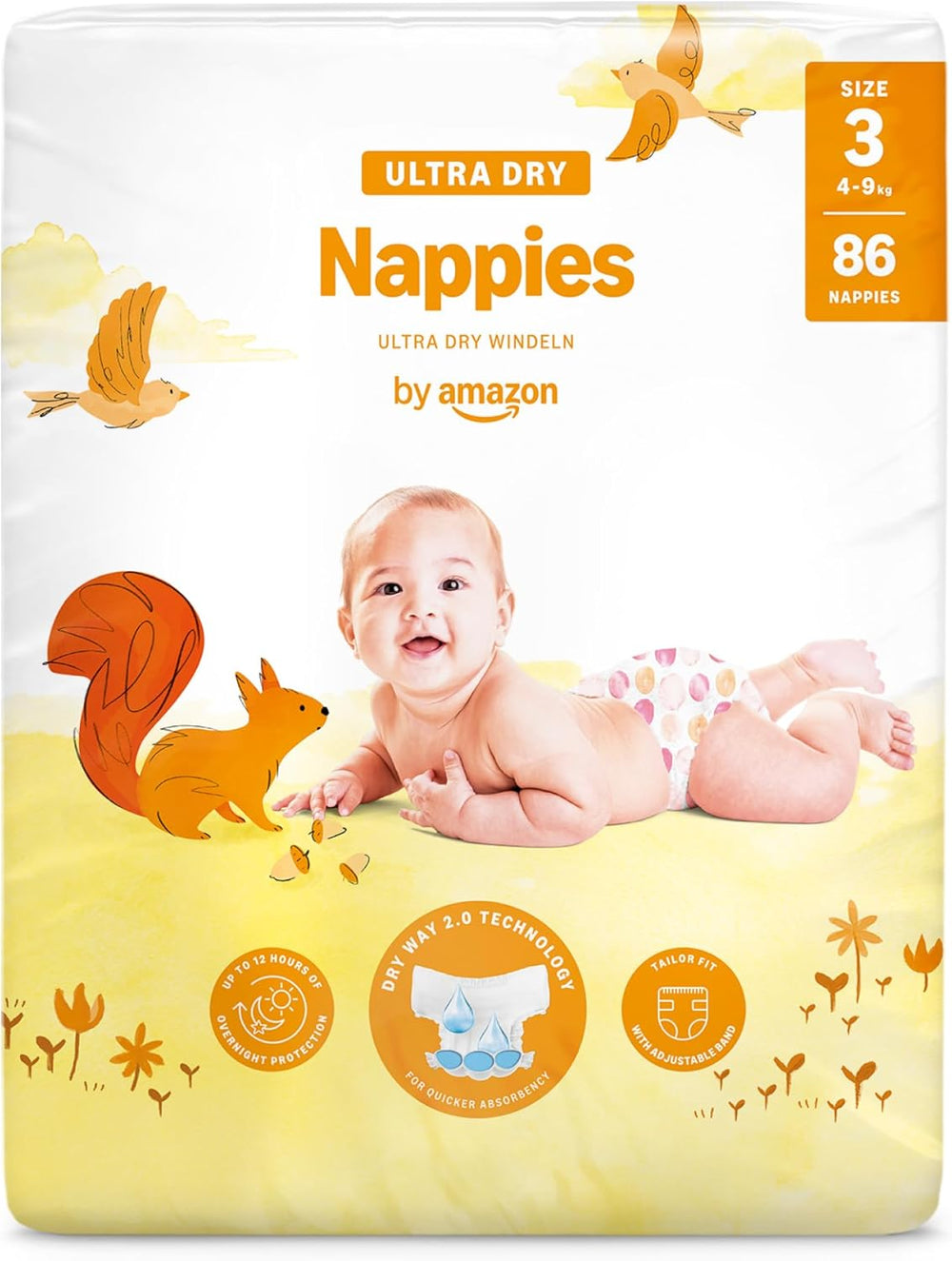 Couches Amazon Ultra Dry, taille 1 (2-5 kg) – Boîte mensuelle, blanche, 96 pièces (2 paquets de 48) (anciennement marque Mama Bear, produit identique)