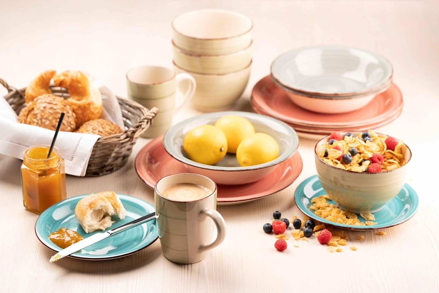 MÄSER 931612 Bel Tempo II Service de table vintage pour 6 personnes, 30 pièces, service combiné en céramique peinte à la main bleue, grès, bleu fumé