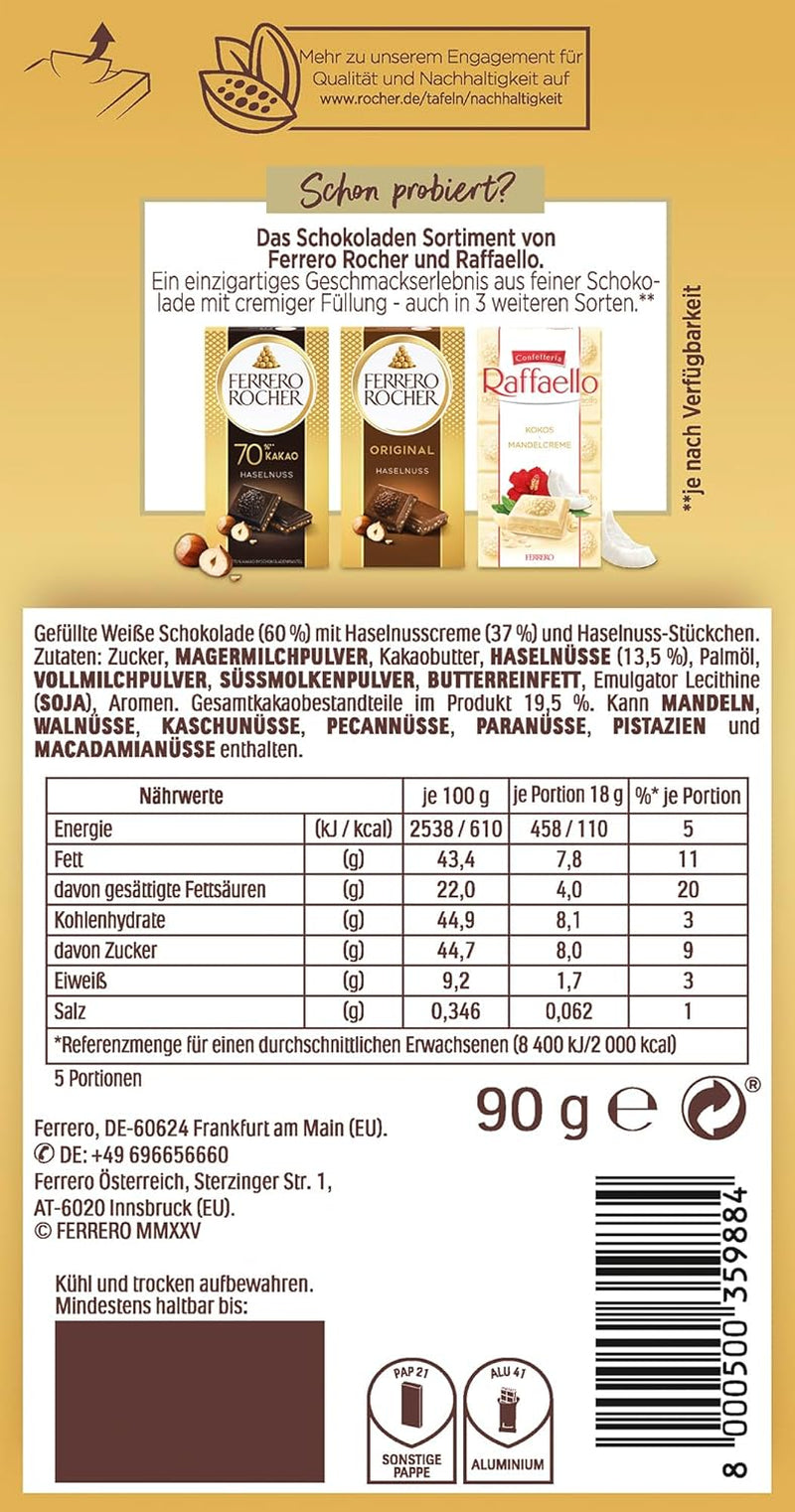 Barre Ferrero Rocher - Chocolat Blanc aux Noisettes - Cadeau de Saint Valentin pour Elle et Lui - 1 Barre de Chocolat x 90g