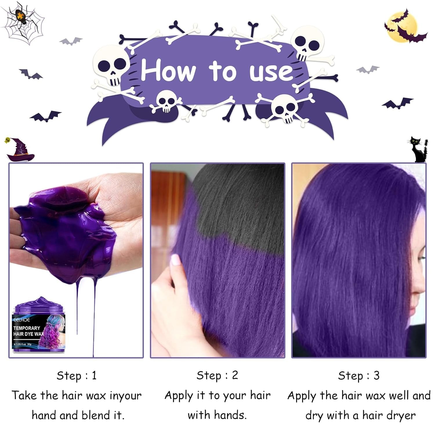 Teinture capillaire temporaire pour Halloween, 4 couleurs, cire coiffante, ton pour hommes et femmes, Halloween, fête Cosplay, teinture pour cheveux, boutique Naty