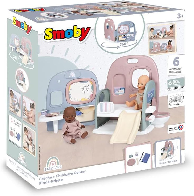 Smoby - Puériculture Chambre de poupées - Centre de jeux pour poupées Crèche + Maternelle Vie quotidienne - Aire de jeu pliable avec rotation à 360° - 6 accessoires - Fabriqué à 90% de matières recyclées en France, dès 3 ans
