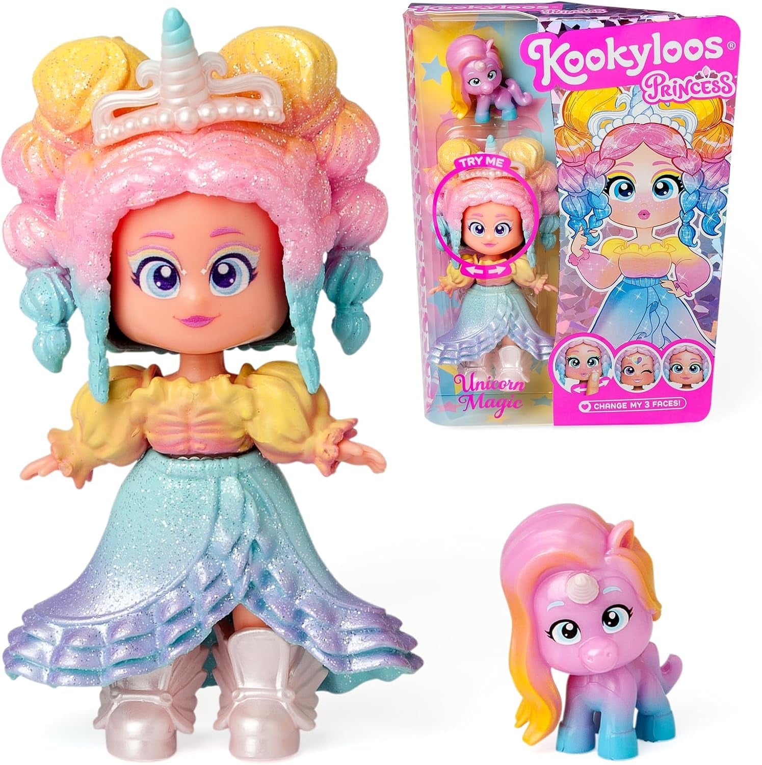 Prinzessinnen-Serie, Unicorn Magic – Sammelpuppe aus der Princess-Serie. Enthält Puppe, Set aus Kleidung und Schuhen mit Prinzessinnen-Thema, Zubehör und Haustier. 1 Puppe, 3 Verschiedene