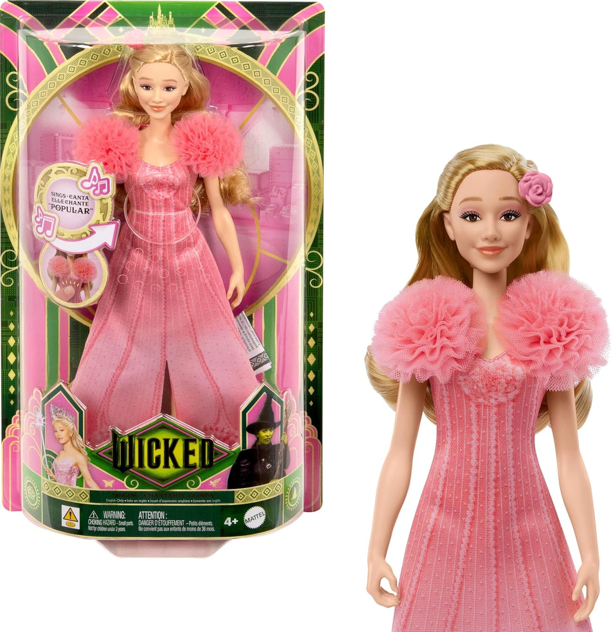 Mattel Glinda de Wicked and Accessories Poupée articulée inspirée du film avec tenue détachable Sings Loved by Us JLG49 Rose