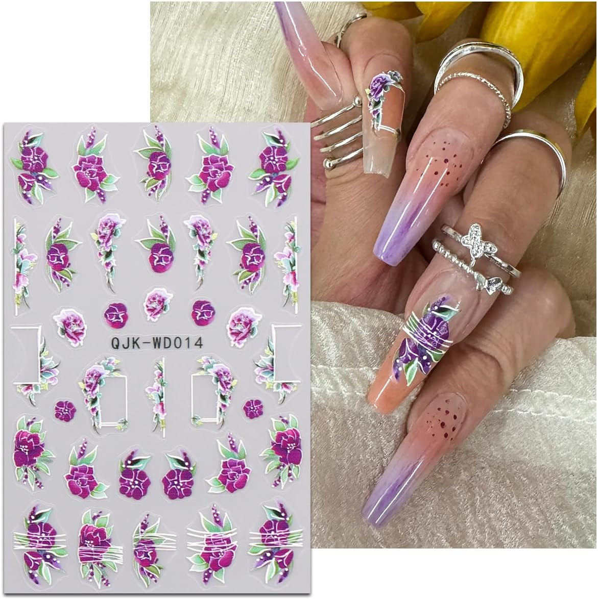 JMEOWIO Nagelsticker Blumen 6 Blatt Nail Art Sticker Selbstklebend Nagelaufkleber Sommer Blumen Dekoration Nageldesign Zubehör