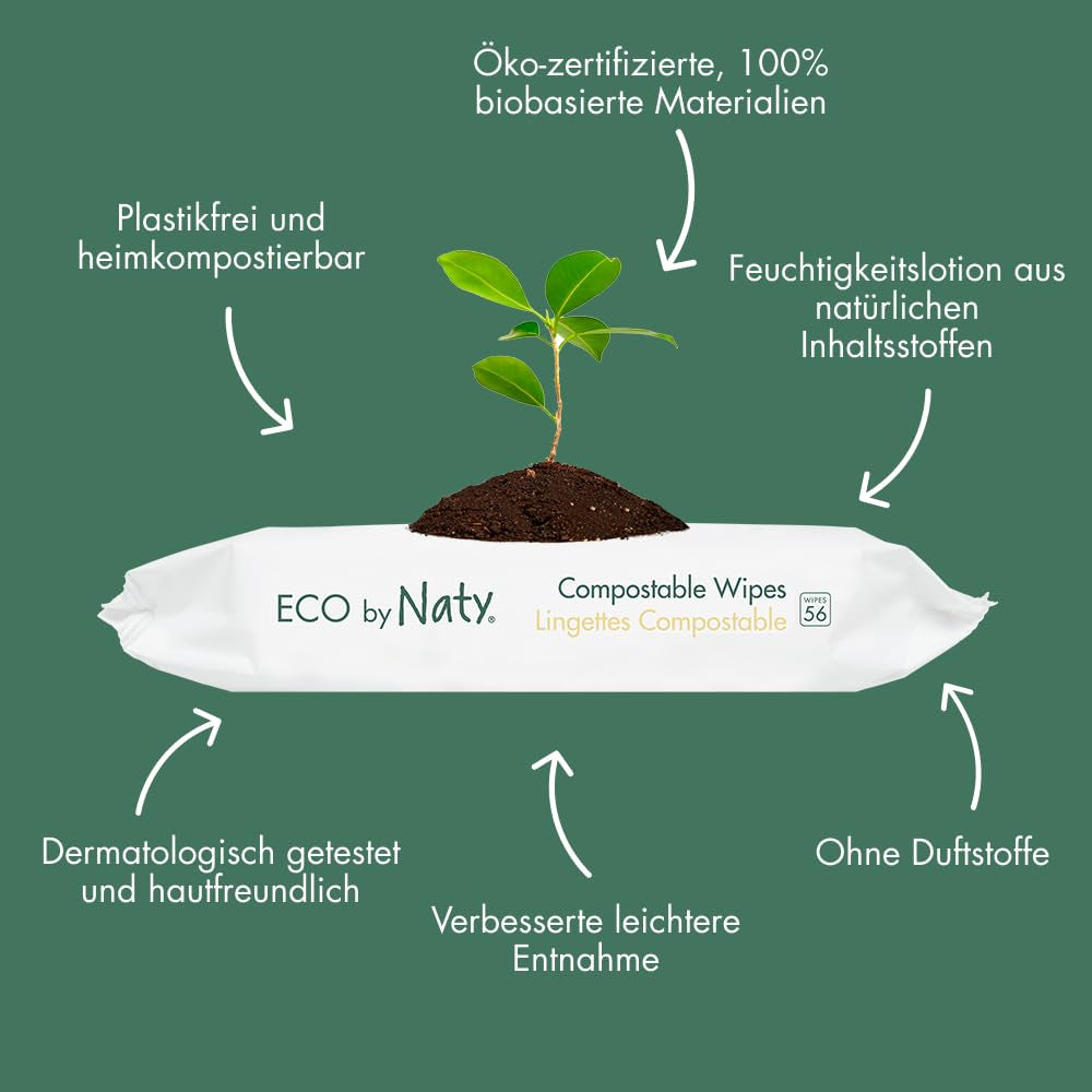 Lingettes Naty pour bébé | 100 % à base de plantes et sans parfum pour les peaux sensibles | Lingettes sans plastique et certifiées compostables avec de l'eau purifiée à 98 % | 672 lingettes (12 paquets)