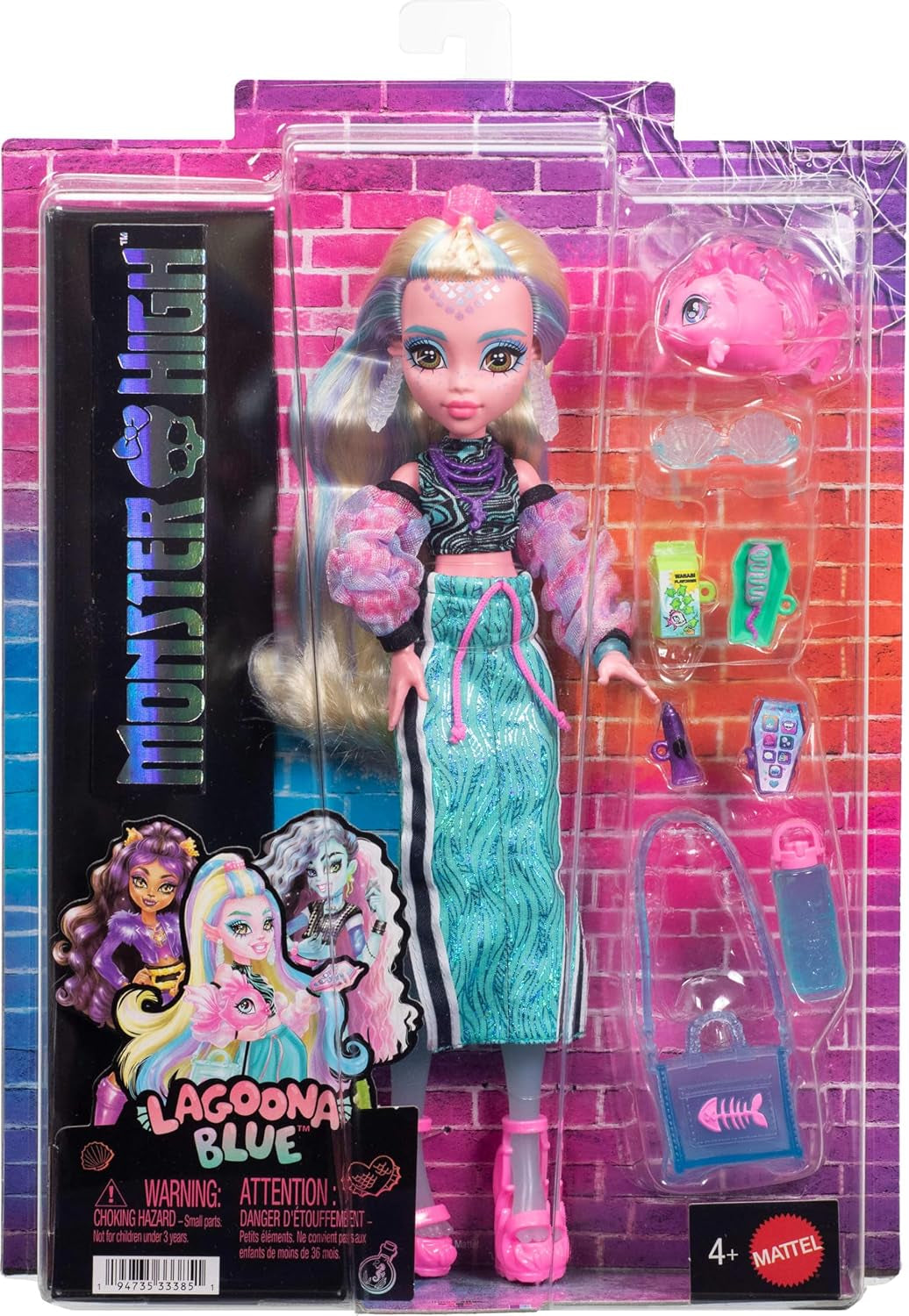 Monster High Lagoona Blue Neptuna Fish Haut court et jupe longue de sport avec 7 accessoires dont lunettes de soleil coquillage, collation et sac, JHK33