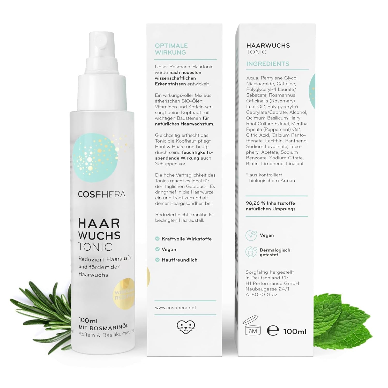 Spray tonique capillaire à l'huile de romarin 100 ml - Le spray à l'huile de romarin accélère naturellement la croissance des cheveux - Remède contre la croissance des cheveux pour femmes et hommes - Sérum contre la chute des cheveux - Huile capillaire au romarin par Cosphera Hair Care Naty Shop