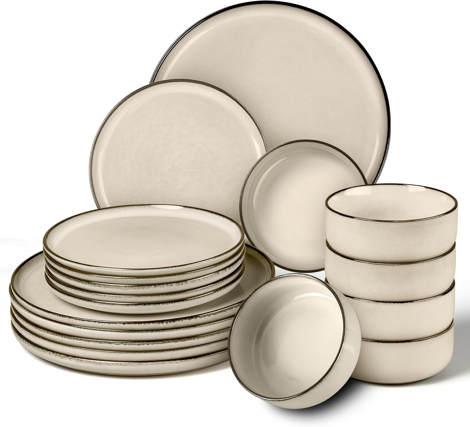 Service de table pour 6 personnes, 18 pièces en grès, service combiné, 6 assiettes plates, 6 assiettes à dessert, 6 bols à céréales, résistant aux rayures et passe au micro-ondes – Kaki Karst