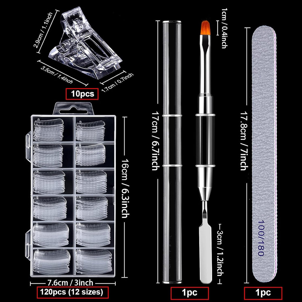 Set de 120 de forme pentru unghii, extensii de unghii, forme cu gel pentru unghii, set de forme pentru unghii cu perie cu două capete și pilă pentru unghii cu cleme, pentru unghii cu gel