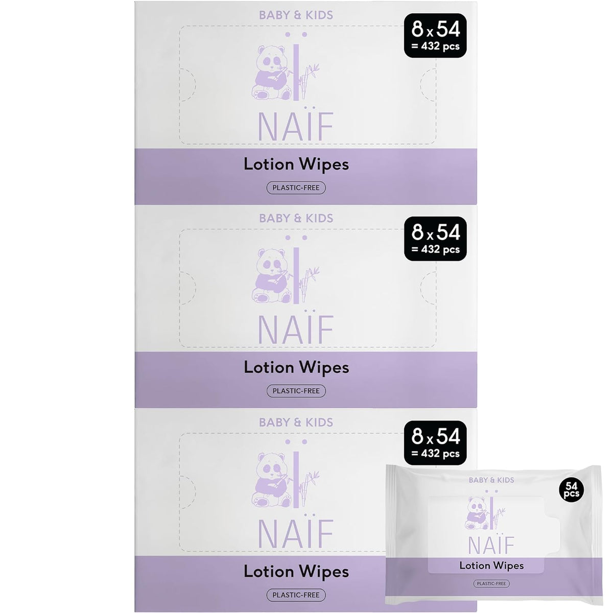 Naïf - Lingettes humides avec lotion sans plastique - 1296 pièces (24 paquets de 54 lingettes) - pour bébés et enfants - Fesses, corps et visage de bébé - à l'Aloe Vera et au Bambou - 0% Parfum et Alcool