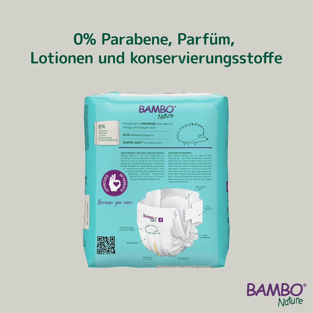 Couches Bambo Nature pour bébés, taille 4 (7-14 kg), 144 pcs, boîte mensuelle | Couches haut de gamme avec protection améliorée contre les fuites | Confort et liberté ultimes pour les enfants actifs | Couches testées dermatologiquement