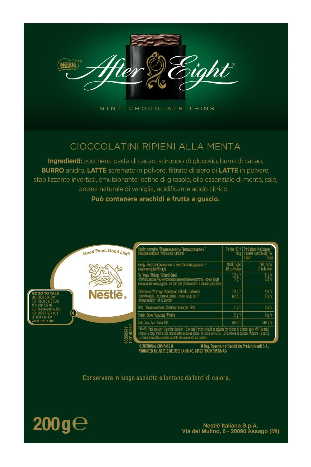 NESTLÉ AFTER EIGHT Carrés fins de chocolat noir fourrés à la crème de menthe pour les connaisseurs Pack de 5 (1 x 200 g)