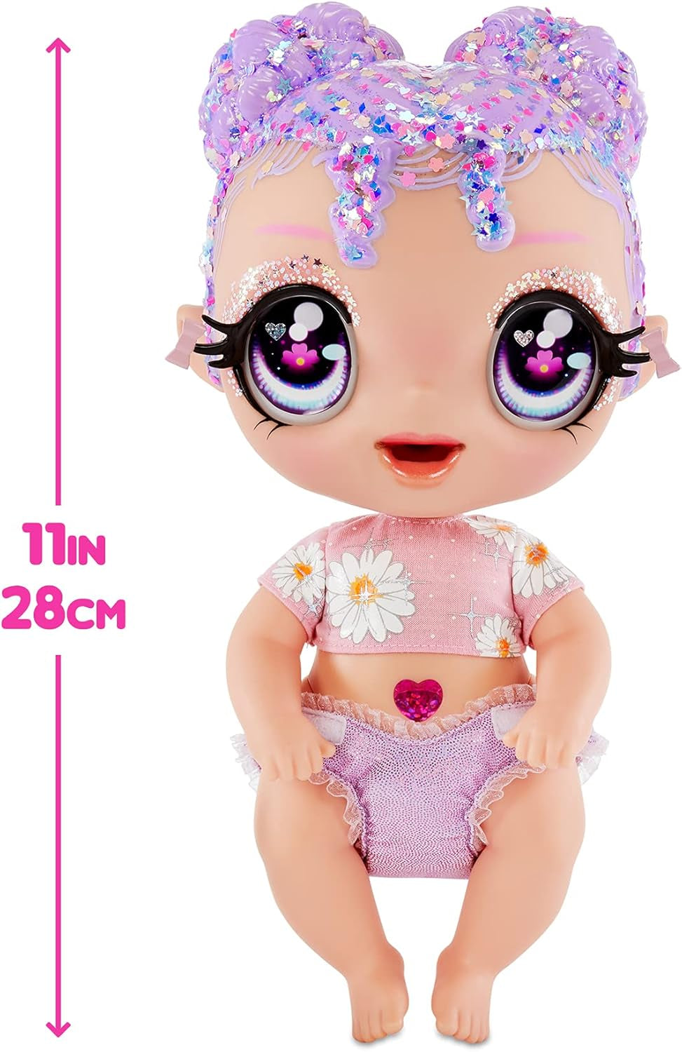 MGA Glitter Babyz - LILA WILDBLOOM - Poupée bébé avec 3 changements de couleurs magiques dans l'eau glacée - avec cheveux lilas pailletés, tenue de fleurs sauvages, couche, biberon et tétine - pour les enfants à partir de 3 ans