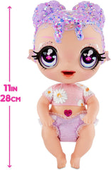 MGA Glitter Babyz - LILA WILDBLOOM - Poupée bébé avec 3 changements de couleurs magiques dans l'eau glacée - avec cheveux lilas pailletés, tenue de fleurs sauvages, couche, biberon et tétine - pour les enfants à partir de 3 ans