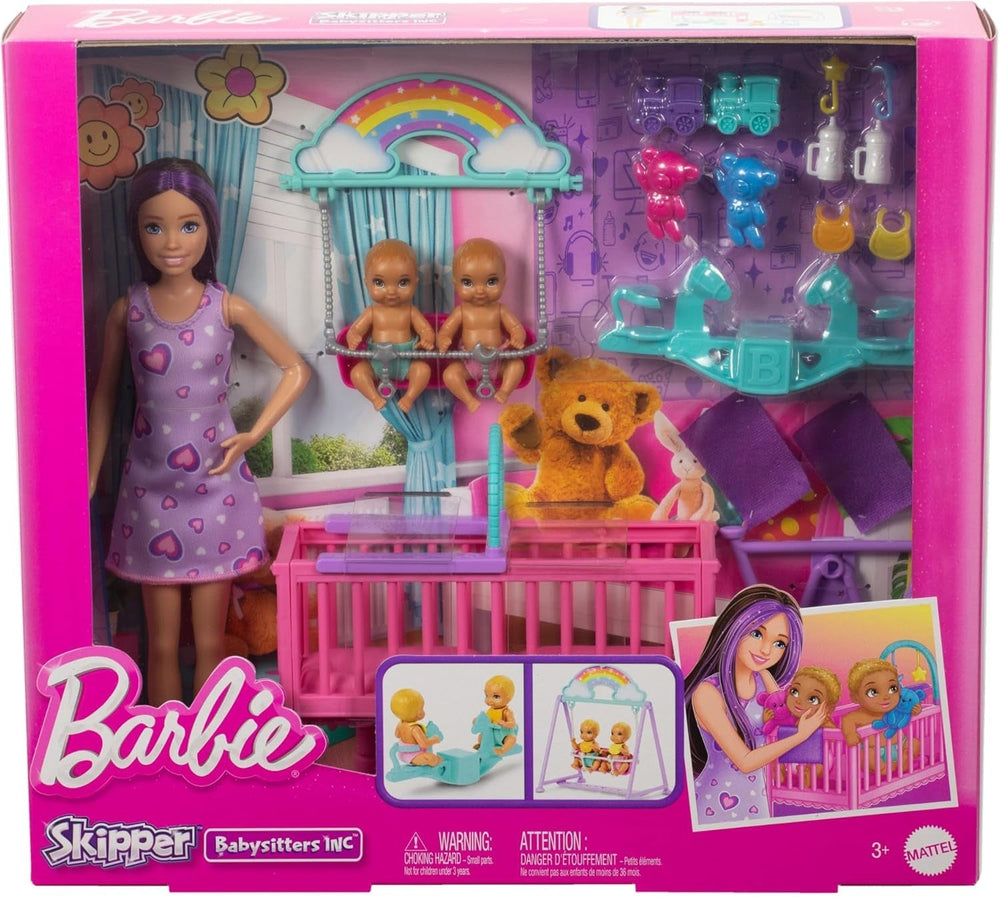 Poupée Barbie Skipper et chambre de bébé avec accessoires, comprend des poupées jumelles, 1 berceau, 1 balançoire, 1 bascule et plus, HXM99 Naty Shop Dolls
