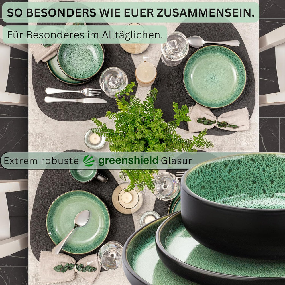 SÄNGER Greenwich | Service de table en grès, 18 pièces, service d'assiettes pour 6 personnes, service de table (6 assiettes plates, 6 assiettes à dessert, 6 bols), vert, résistant aux rayures, vaisselle | LA COLLECTION VALEUR