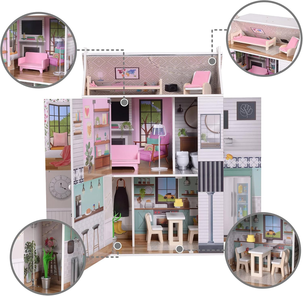 Olivia's Little World Dreamland Maison de poupée interactive en bois à 3 niveaux avec 13 accessoires de meubles de poupée Blanc TD-13632A