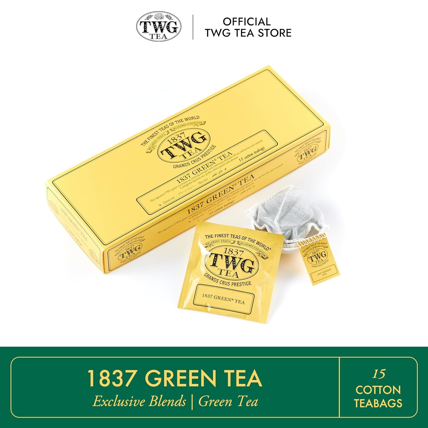 TWG Tea | 1837 Green Tea, amestec de ceai verde în 15 pliculețe de ceai cusute manual din bumbac într-o cutie cadou, 37,5 g