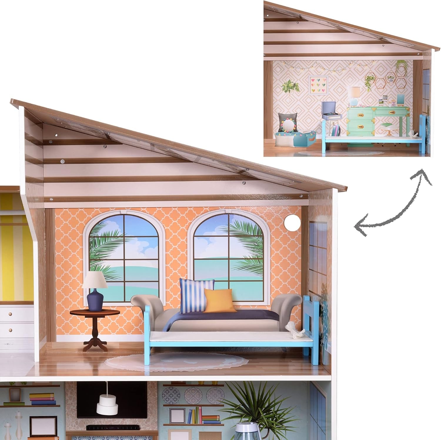 Olivia's Little World Maison de poupée interactive en bois à 3 étages de style méditerranéen contemporain pour enfants avec 17 accessoires de meubles de poupée multicolore TD-13551B