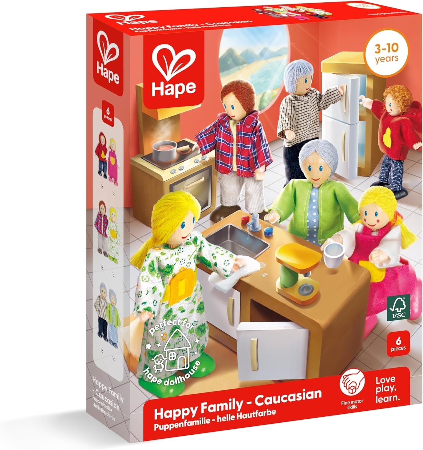 Hape Puppenfamilie Preisgekröntes Puppenfamilien-Set, einzigartiges Zubehör für Puppenhäuser aus Holz, Fantasie-Spiel, 6 Puppenfamilien-Mitglieder, für Kinder ab 3 Jahren