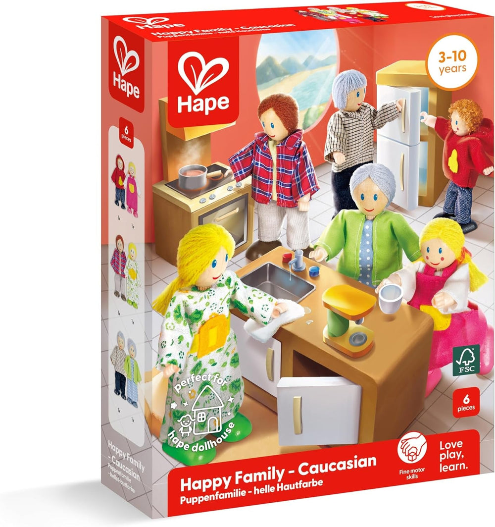 Hape Puppenfamilie Preisgekröntes Puppenfamilien-Set, einzigartiges Zubehör für Puppenhäuser aus Holz, Fantasie-Spiel, 6 Puppenfamilien-Mitglieder, für Kinder ab 3 Jahren