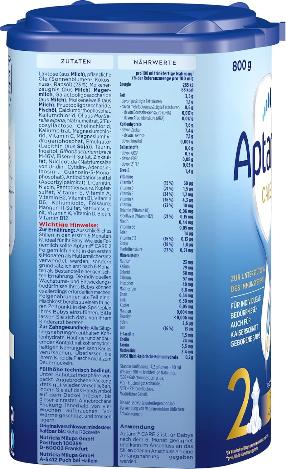 Aptamil Care 2 - Lait de suite après 6 mois, avec Oméga 3 et 6, DHA et ARA, sans huile de palme, nourriture pour bébé, lait en poudre, 1 x 800 g (paquet de 6)