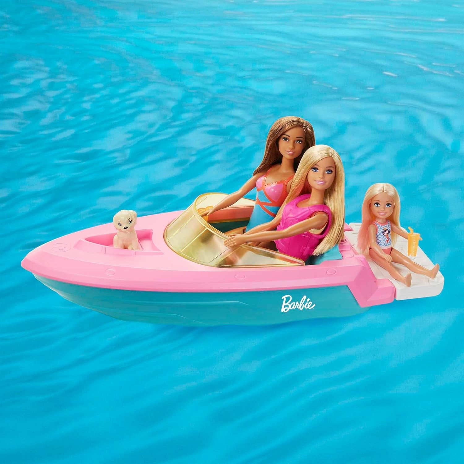 Barbie Speedboat Set, Barbiepuppe mit blonden Haaren, rosa Schwimmweste, Boot, Welpe, Zubehör, Geschenke für Kinder ab 3 Jahren, GRG30