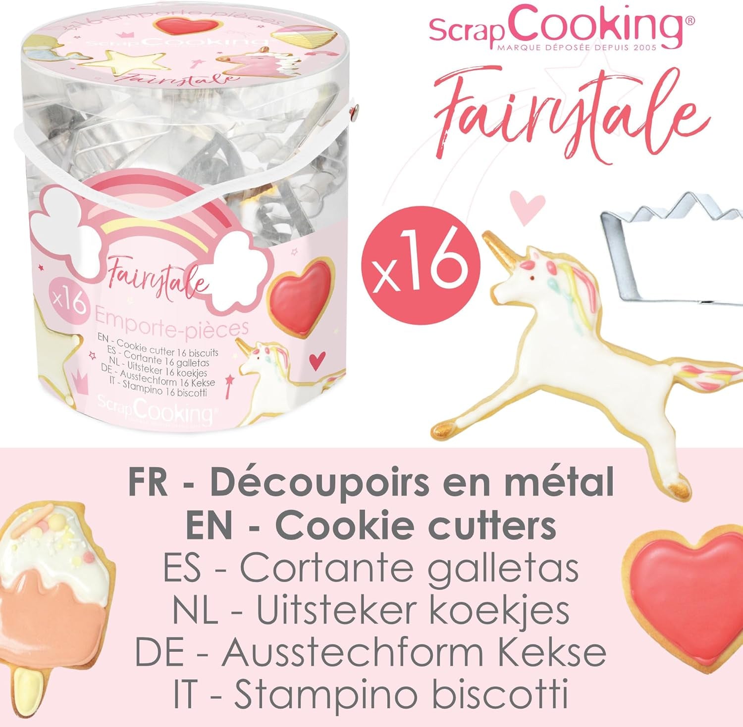 ScrapCooking - Lot de 16 emporte-pièces Licorne - Emporte-pièces - 16 pièces - Arc-en-ciel, Fée, Sirène, Couronne, Fleur - Moule à pâtisserie - Emporte-pièces en acier inoxydable - 2027