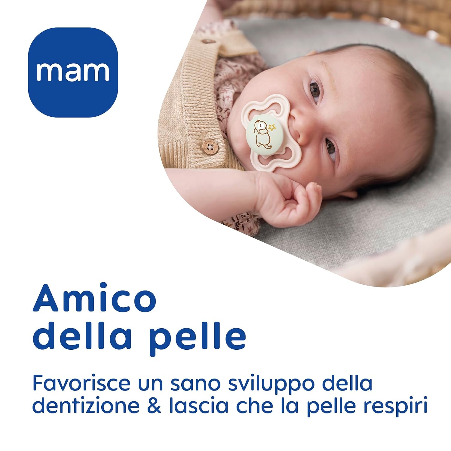 Sucette MAM Air Night 6-16 mois (paquet de 2) Sucette MAM 6-16 mois, brille dans le noir pour les peaux sensibles, accessoire pour bébé, paquet de 2 avec tétine en silicone et porte-tétine, neutre/vert