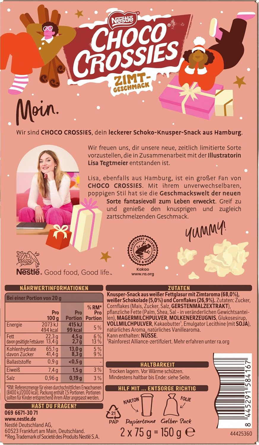 Nestlé Flocons croustillants légers à la cannelle et amandes croquantes recouvertes d'un glaçage blanc fondant en bouche Saveur de cannelle 1 paquet (2 x 75 g)