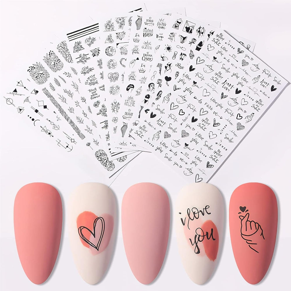 7 Blätter Nagelsticker Selbstklebend Nagelsticker Blumen Abstract 3D Schwarz Nagelaufkleber Nageldesign Herzform Wörter Pflanzen Nagel Sticker DIY Nail Art Zubehör Maniküre Dekoration