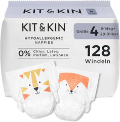 Couches Kit & Kin Premium, taille 4 (9-14 kg), 128 pièces, à base de plantes et hypoallergéniques, protection fiable contre les fuites, végétaliennes et sans cruauté envers les animaux