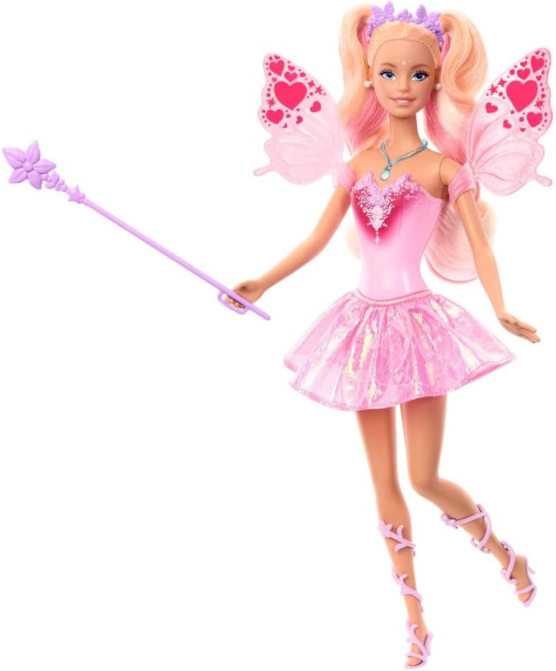Barbie Fantasy Feenpuppe mit Farbwechsel Flügeln und Outfit, Spielzeugzauberstab mit und Mode Accessoires, JCP76