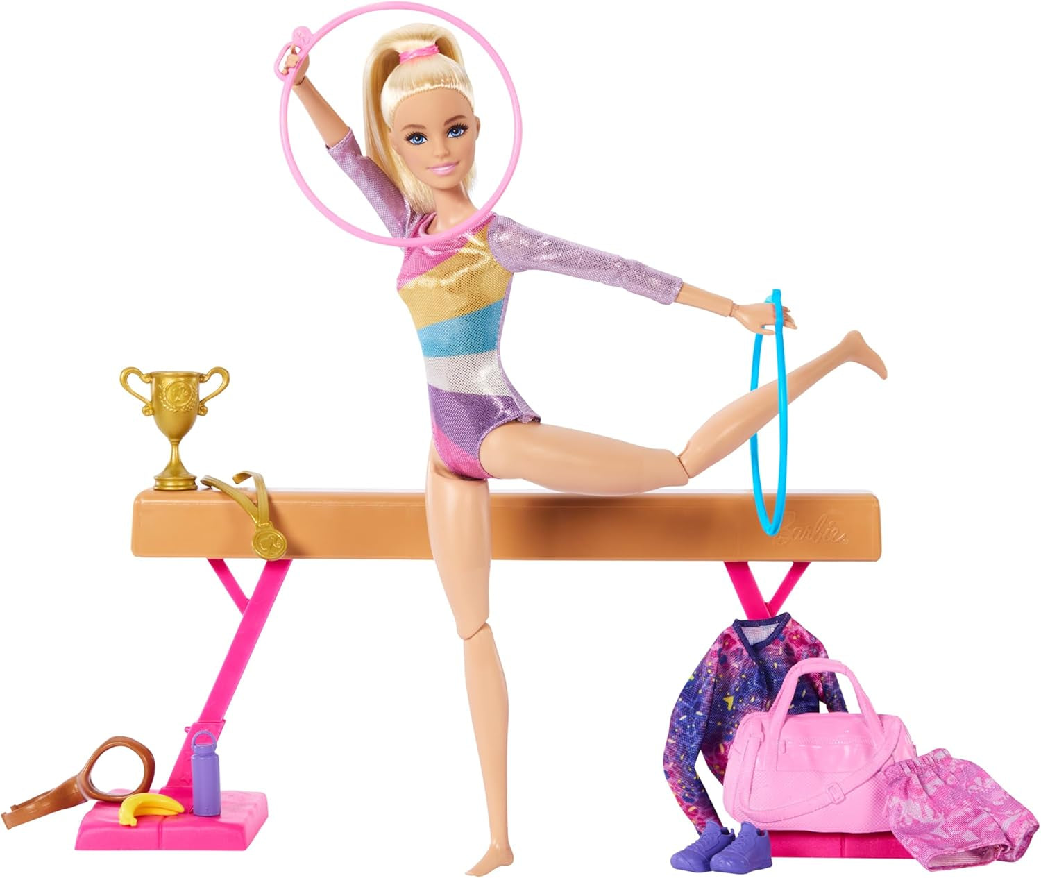 Barbie - Coffret de jeu amusant de gymnastique avec poutre d'équilibre et plus de 10 pièces thématiques pour des histoires gagnantes, HRG52
