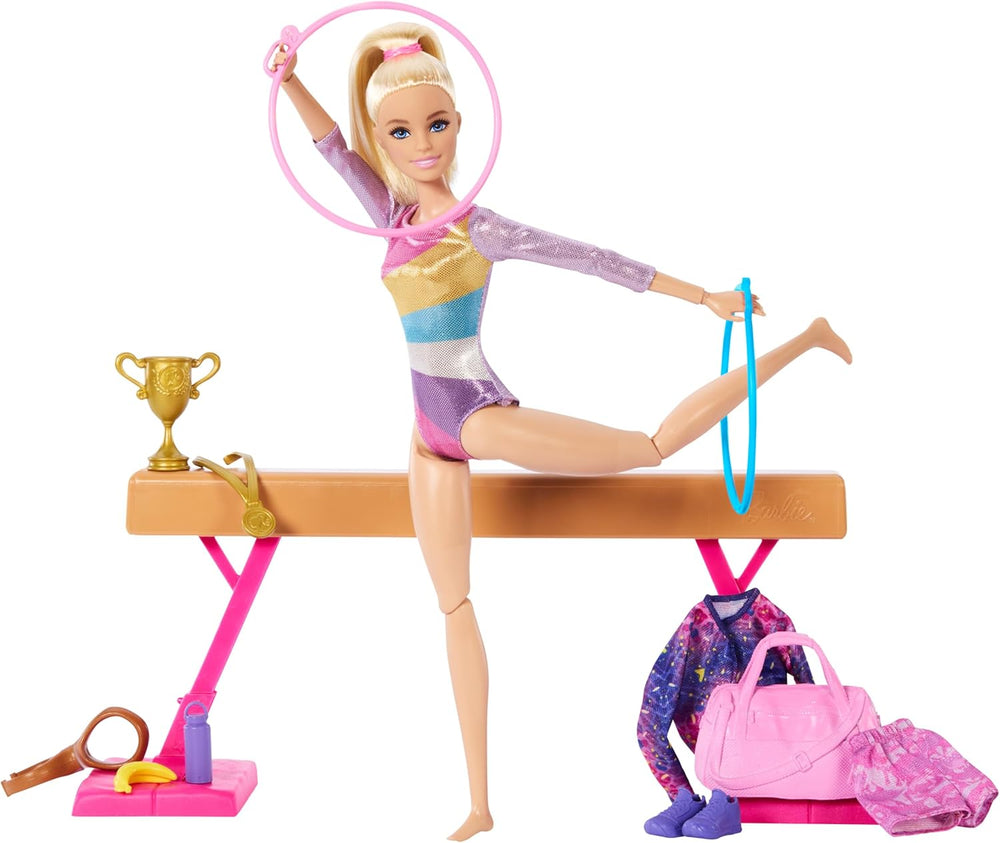 Barbie - Coffret de jeu amusant de gymnastique avec poutre d'équilibre et plus de 10 pièces thématiques pour des histoires gagnantes, HRG52
