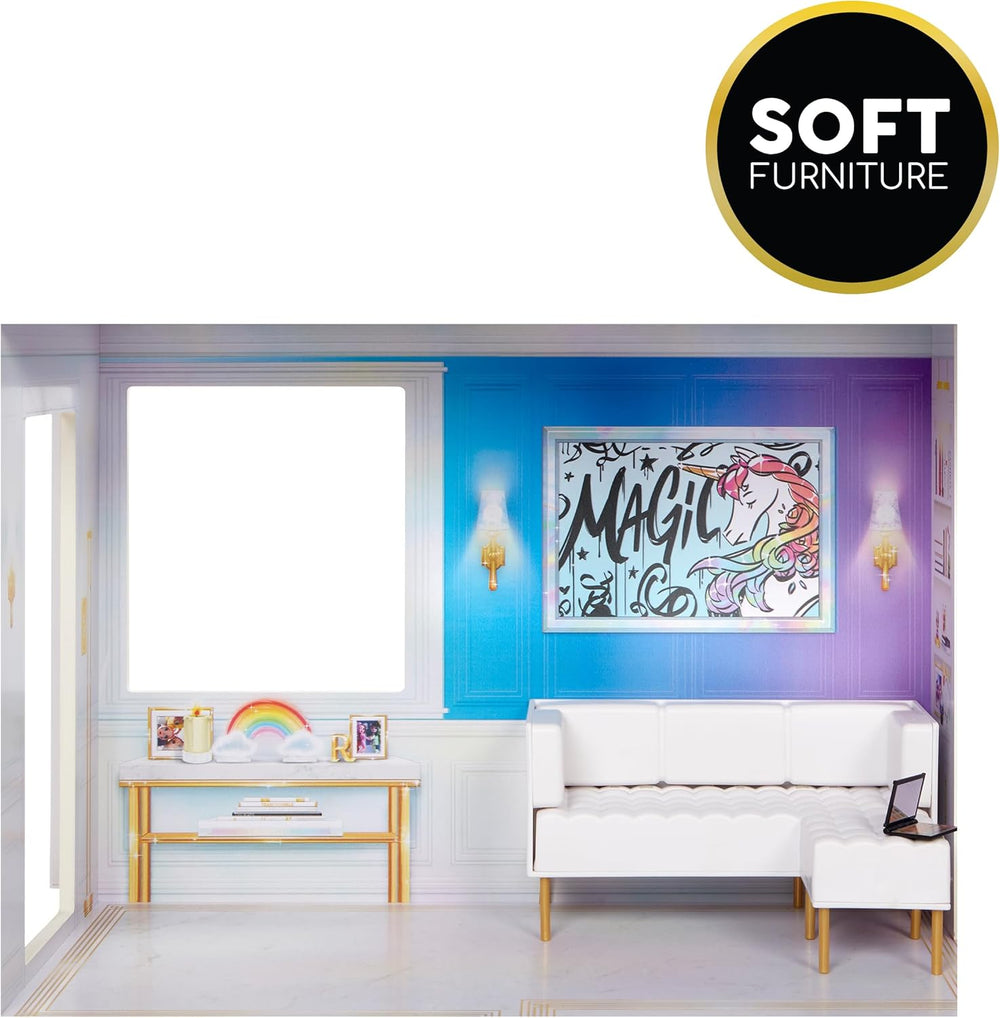 Rainbow High Townhouse - Maison de vacances à 3 étages avec 5 chambres et terrasse - Maison complète avec ascenseur fonctionnel et accessoires - Jeux pour enfants de 4 à 12 ans et plus