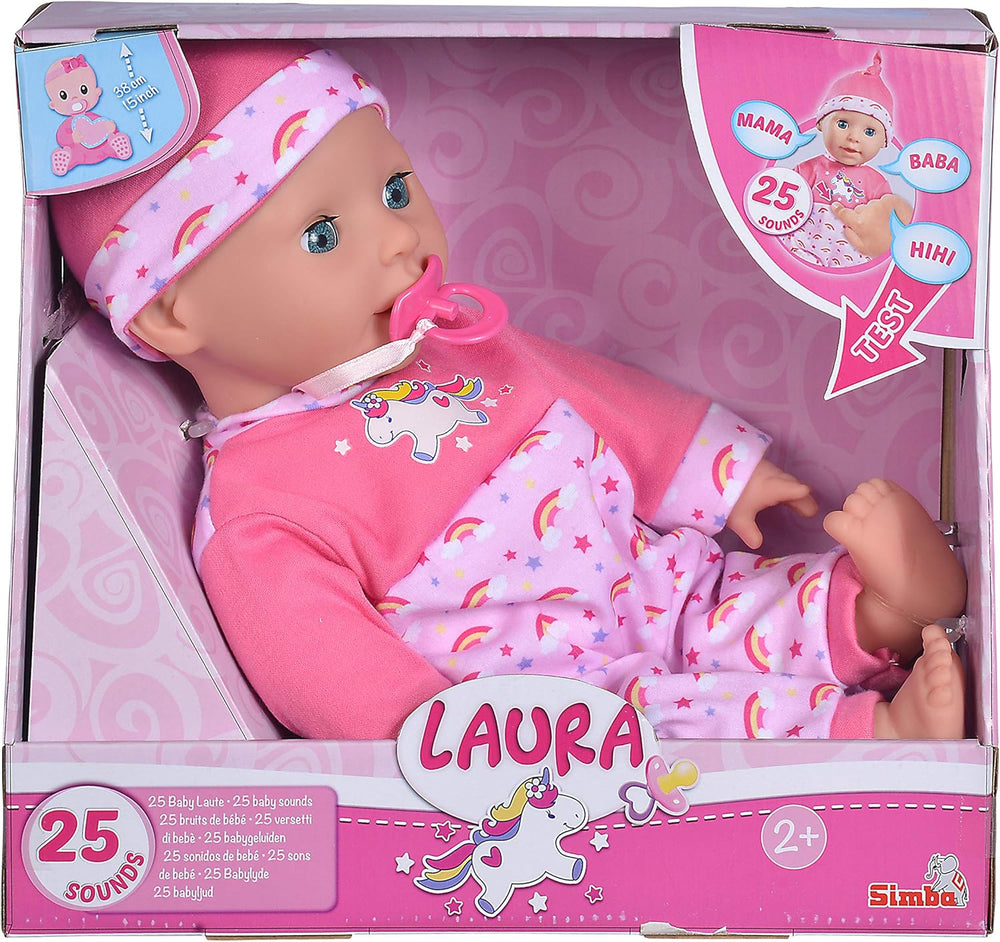 Simba 105140060 - Laura Kitzel Baby, Puppe de poupée avec Regenbogenstramler, macht 25 Babylute, 38cm, Babypuppe à partir de 2 ans