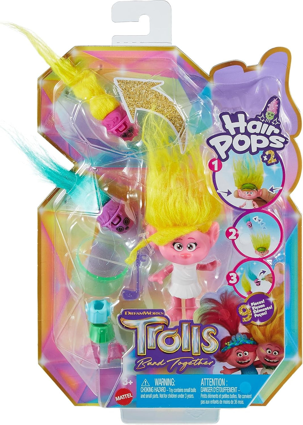 Mattel DREAMWORKS TROLLS United We Stand - Poupée Viva Hairy Surprises avec cheveux en peluche jaune vif et 3 accessoires surprise, pour enfants à partir de 3 ans, HNF11