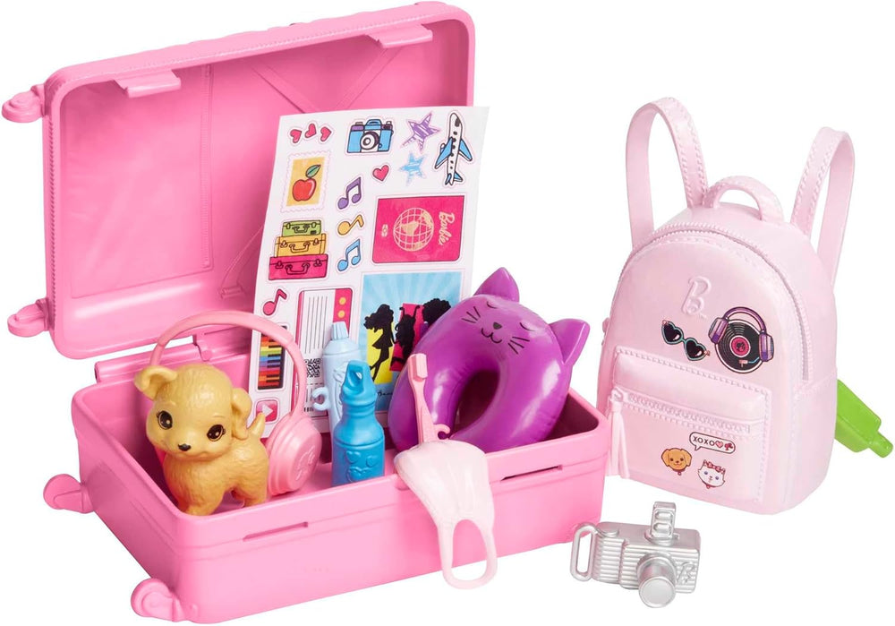Poupée Barbie, Barbie de voyage aux cheveux blonds, plus de 10 accessoires de voyage, autocollants, valise, chiot, comprend 1 poupée, cadeau pour enfants, jouet à partir de 3 ans, HJY18