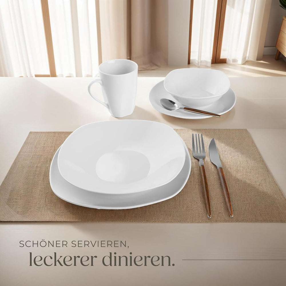 Service de table tectake® pour 12 personnes, service de table en porcelaine de 100 pièces, comprenant 12 assiettes, 12 assiettes à dessert, 12 assiettes plates, 12 tasses, 12 bols à céréales, un saladier, un pot à lait, un sucrier