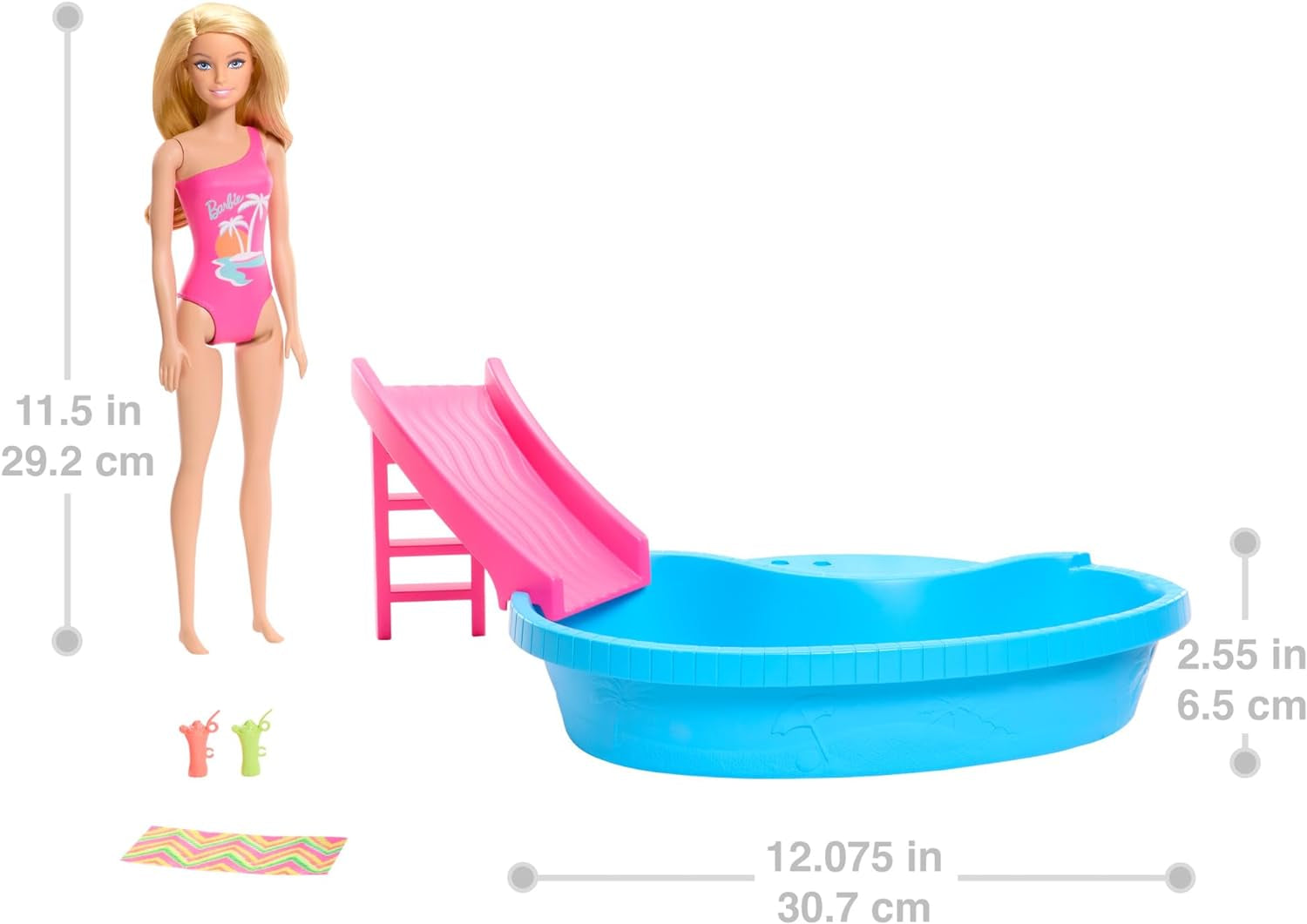 Poupée Barbie et accessoires - piscine avec toboggan et accessoires pour des heures de plaisir au soleil, maillot de bain rose au design tropical, pour les enfants à partir de 3 ans, HRJ74
