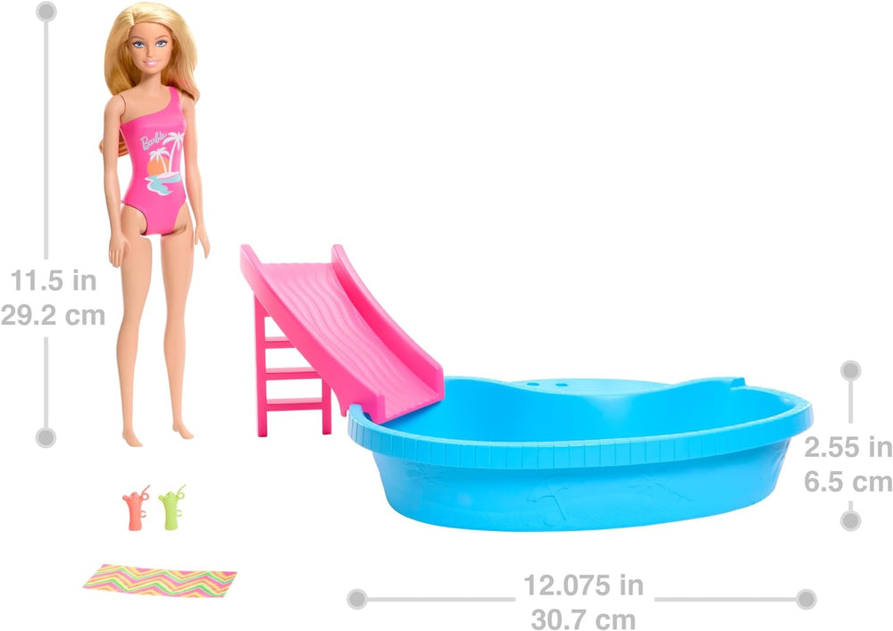 Poupée Barbie et accessoires - piscine avec toboggan et accessoires pour des heures de plaisir au soleil, maillot de bain rose au design tropical, pour les enfants à partir de 3 ans, HRJ74