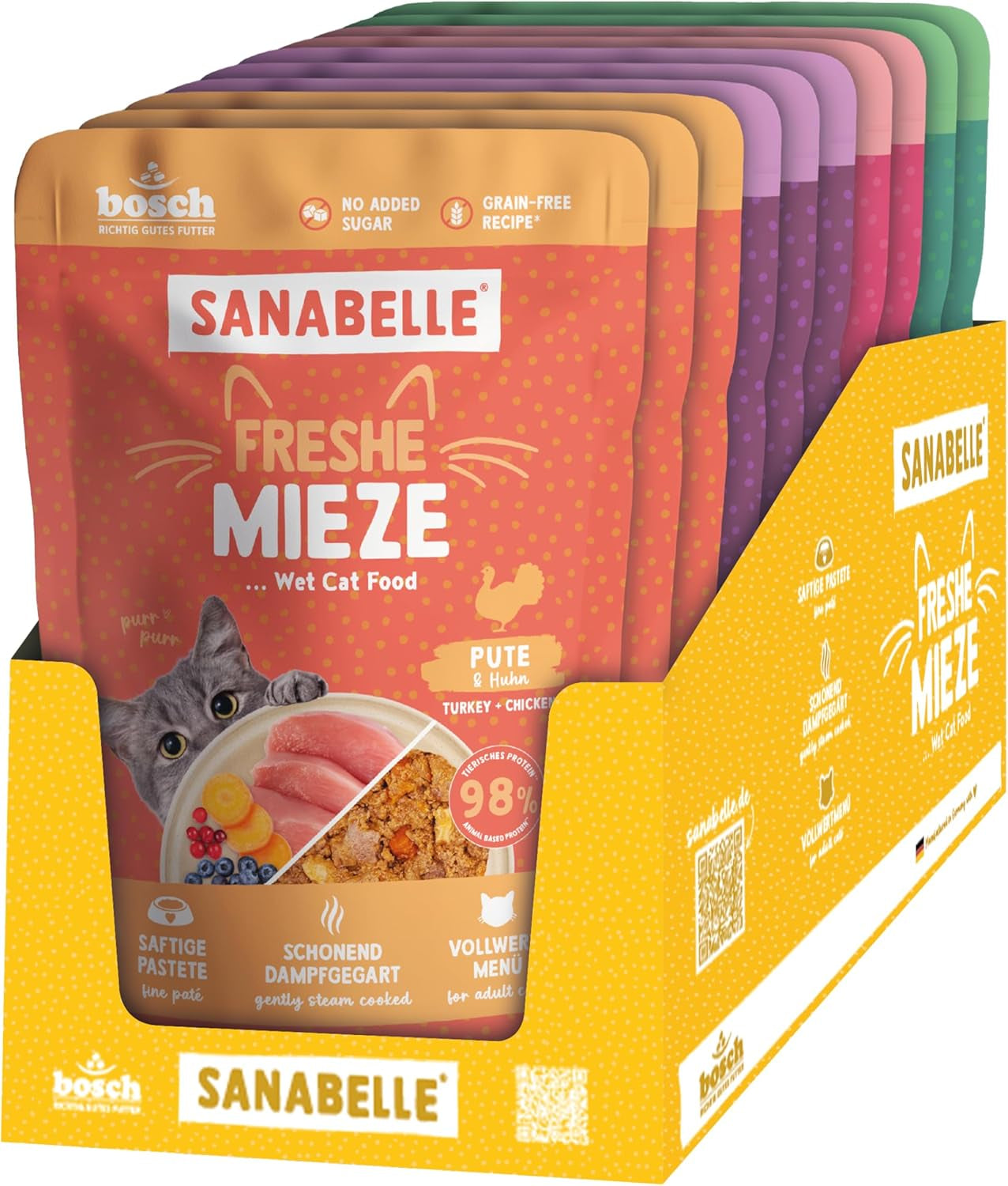 Sanabelle Freshe Mieze - Mixtray | 10 x 100 g de mélange | 4 délicieuses variétés de nourriture pour chats à essayer | Nourriture humide pour chats cuite à la vapeur, comme fraîchement cuite