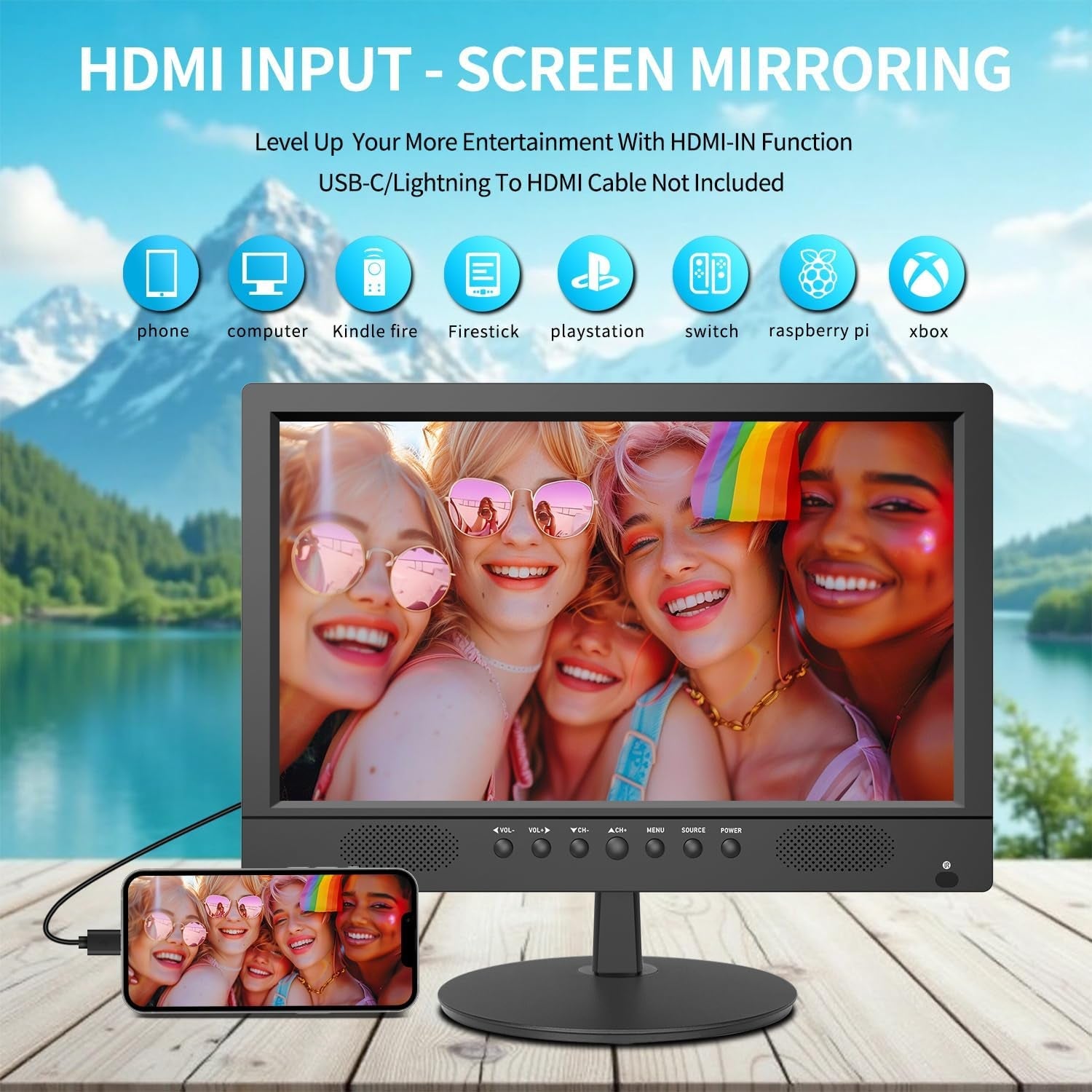 Televizor digital Freeview de 16 inci, tuner DVB-T2, intrare AV, HDMI/VGA, port USB, alimentare de la mașină (12 volți) sau de la rețea, telecomandă