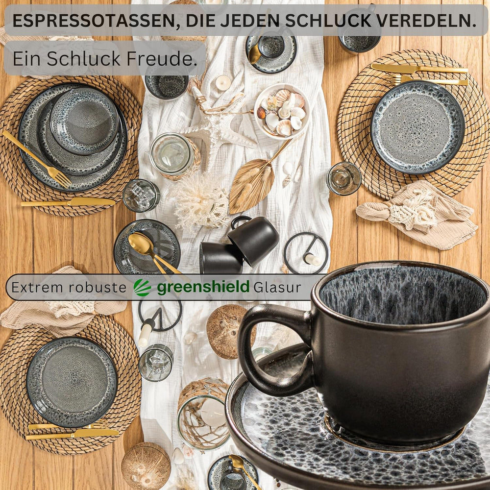 SANGER Sydney | Ensemble de 12 tasses à expresso en céramique, ensemble de tasses à moka pour 6, tasses et soucoupes, passe au lave-vaisselle et au micro-ondes, gris foncé, 80 ml | LA COLLECTION VALEUR